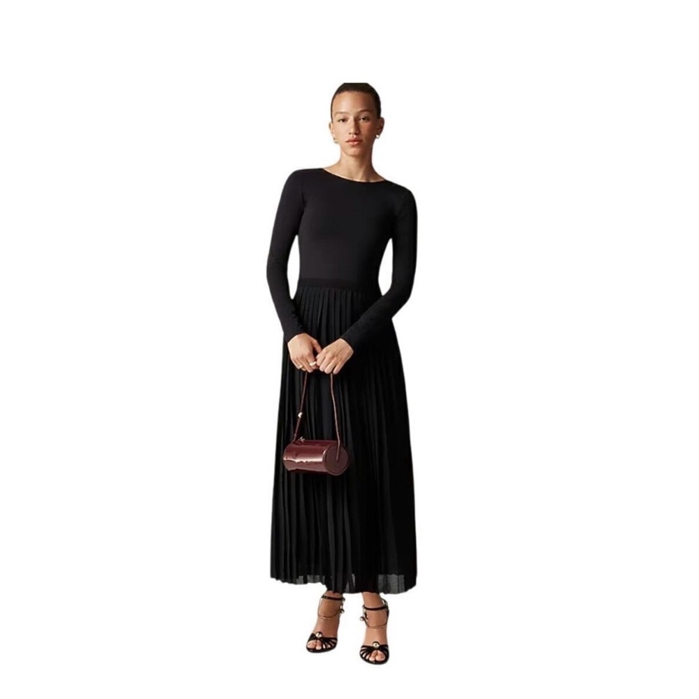 🆕 J.Crew Pleated Ballet Cotton Stretch Long-Sleeve Maxi Dress, Black, Size L